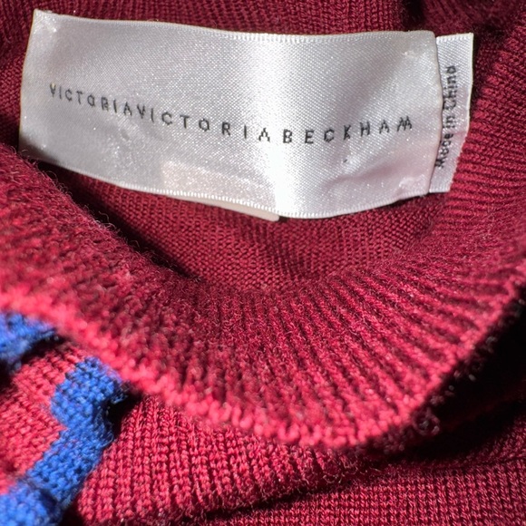 Victoria Beckham Burgundy Merino Wool Turtleneck, Blue Ruffle Detail size s - Picture 3 of 7